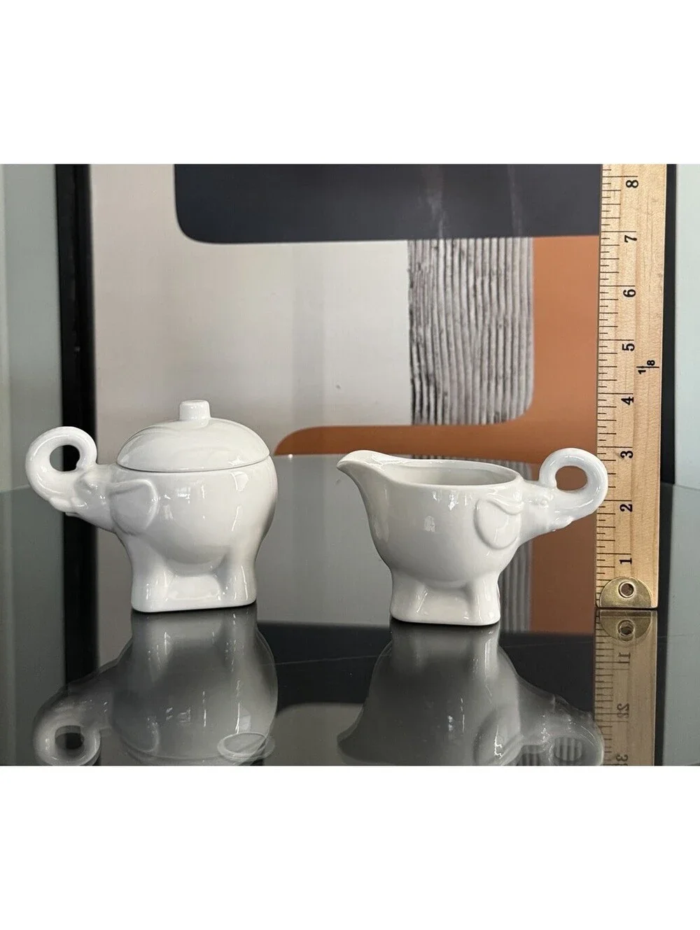 Pier 1 Elephant Creamer & Sugar Bowl Set with Lid Trunks Up White Elephant Gift